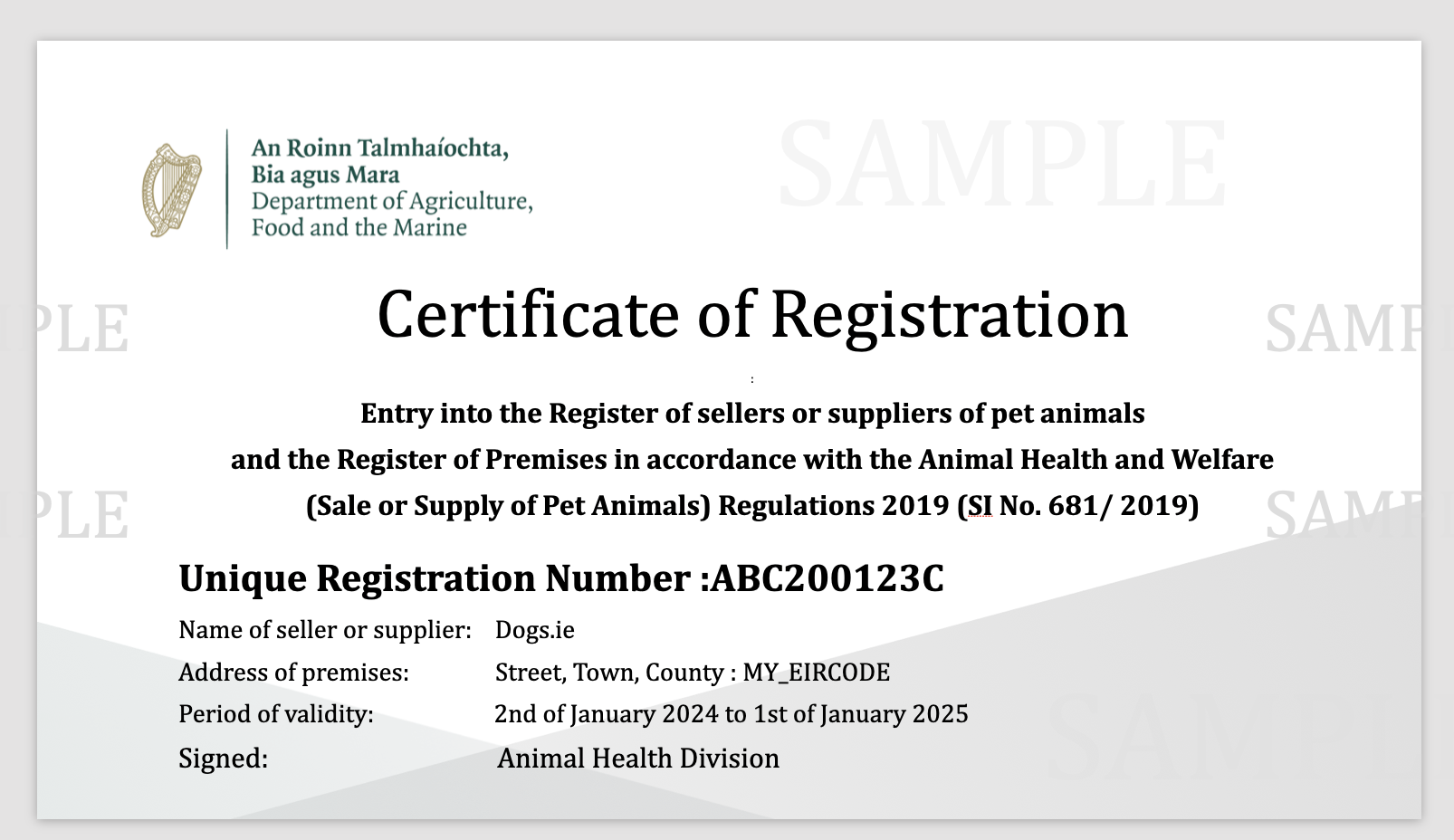 Registered Seller of Pets certificate of registration